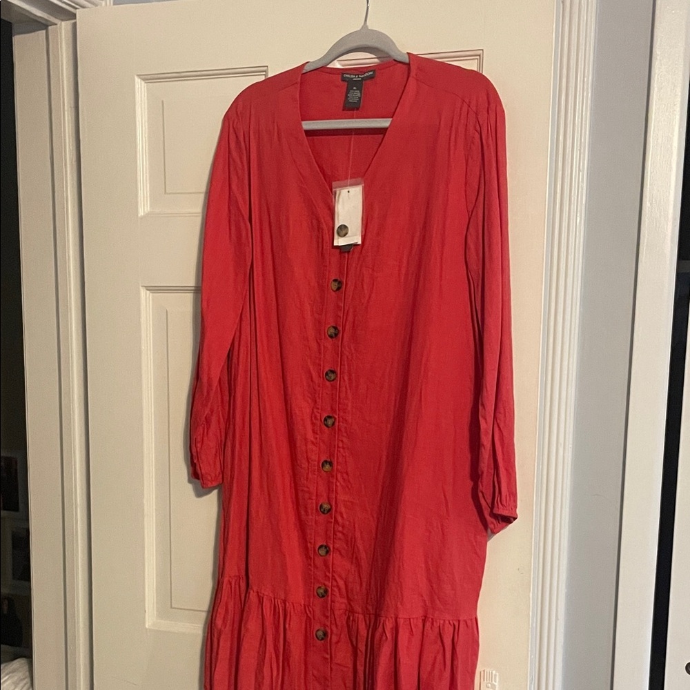 Chelsea & Theodore Coral Button-Front Long Sleeve Midi Dress
